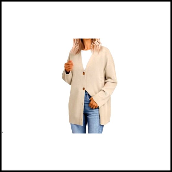 Oversized V-Neck Cardigan, Button Front, Knit Fabric, Casual Wear - Picture 7 of 7